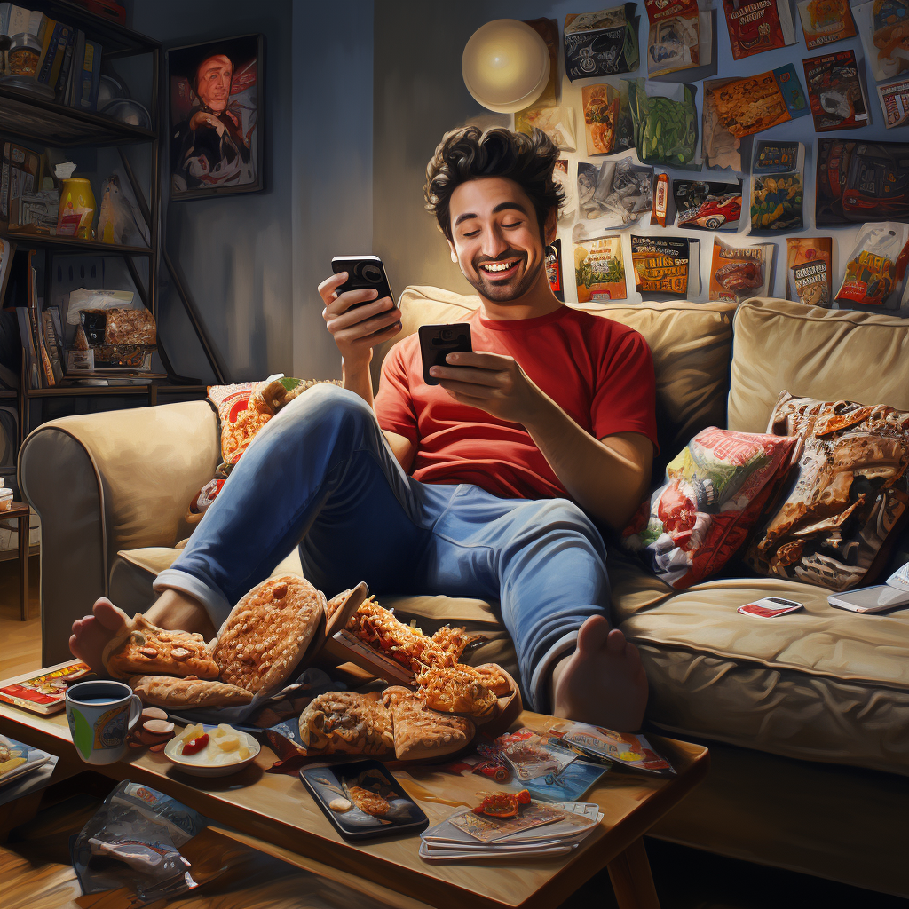 A Millennial consumer binge-watching shows on Netflix while ordering food and products online, all from the comfort of their couch — the poster child of the ultimate “Convenience” value of the Digital Revolution. Imagined by Midjourney’s AI