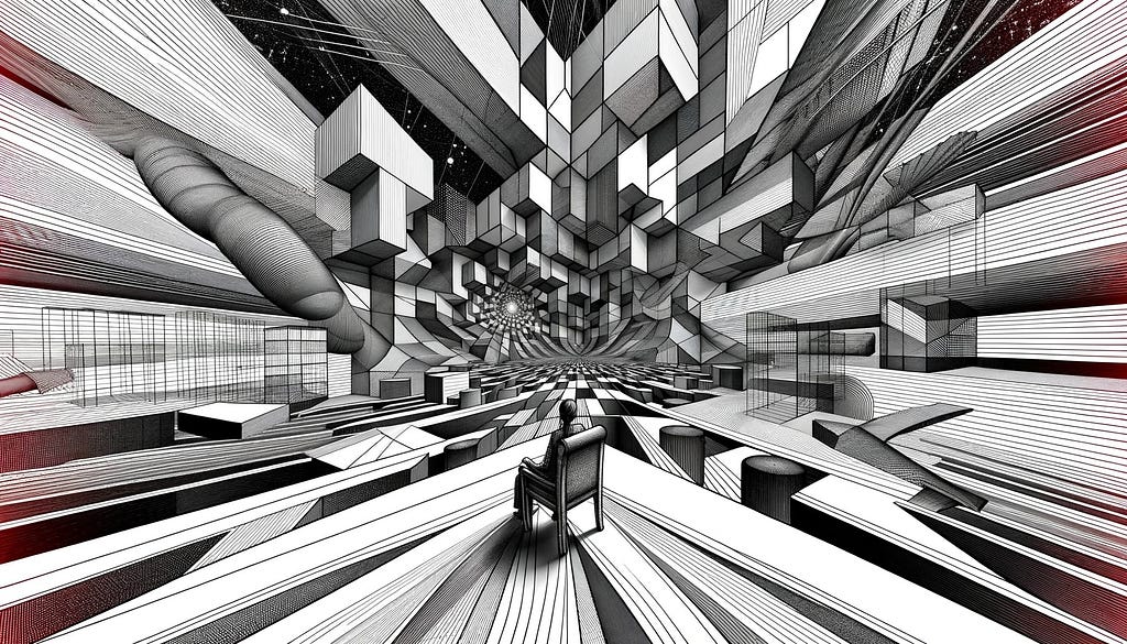 Here is the abstract image created using a six-point perspective, as seen from the viewpoint of a person sitting on a chair. This complex and surreal environment features multiple vanishing points, resulting in a highly distorted and abstract scene. The image includes elements like skewed buildings, curved pathways, and other structures, all contributing to the six-point perspective. This visually intense scene challenges traditional perceptions of space, pushing the boundaries of conventional p