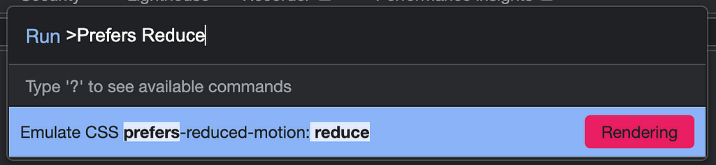 Screenshot from Chrome Developer Tools. Search results for “prefers reduced” — gives result to emulate “prefers-reduced-motion: reduce”