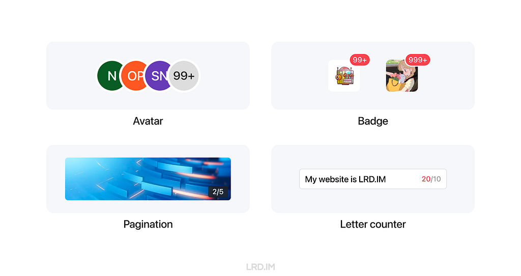 Display of various UI components in Figma without Case-Sensitive Forms: Avatar icons with notification counts, Badge icons with user images, a pagination interface, and a letter counter showing ‘My website is LRD.IM’.