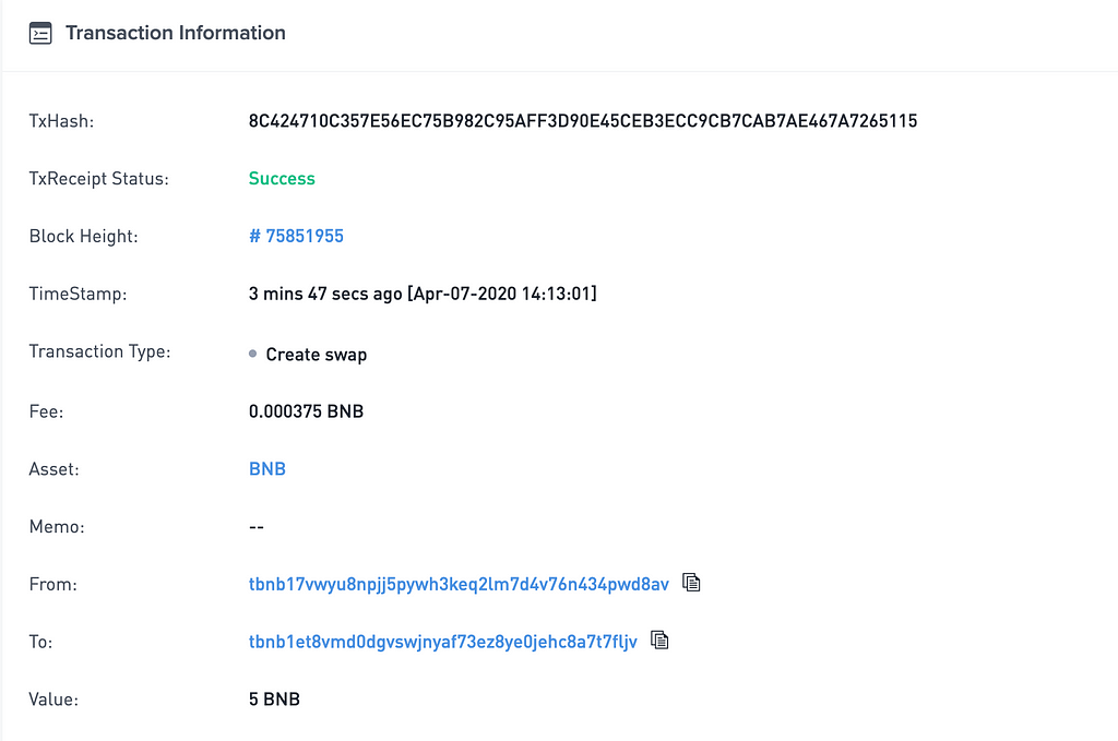 Binance Chain create swap tx result