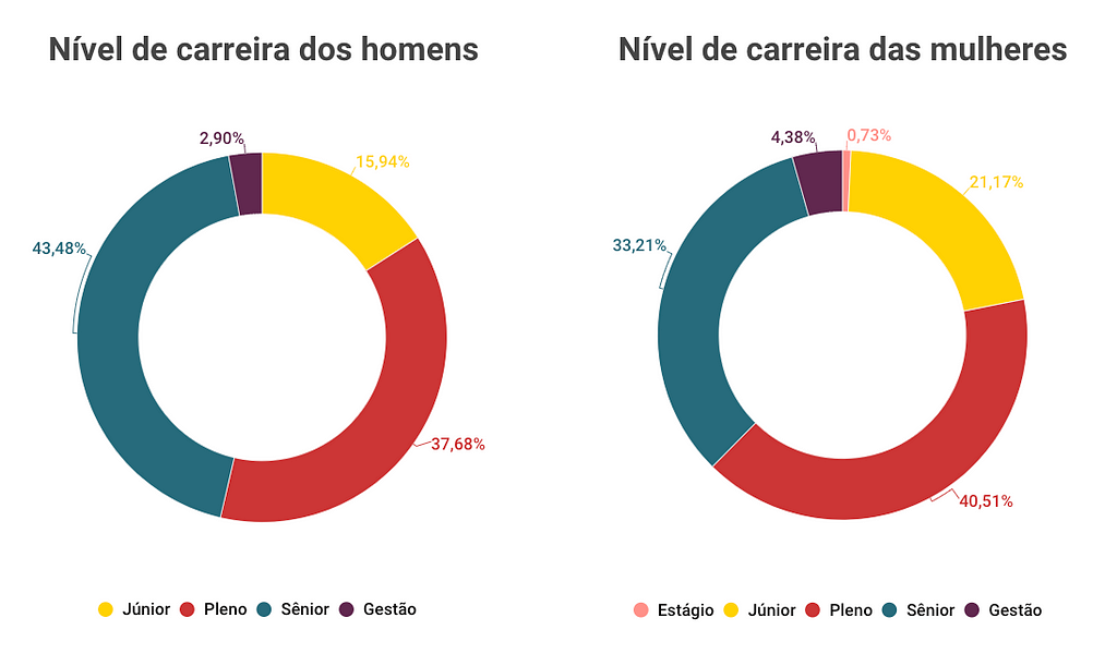 Gráficos dos níveis de carreira entre homens e mulheres. Os dados estão descritos a seguir.