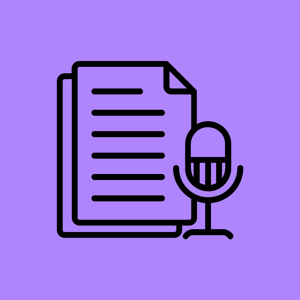 An illustration of a microphone in front of a document with lines on it. The background is purple.