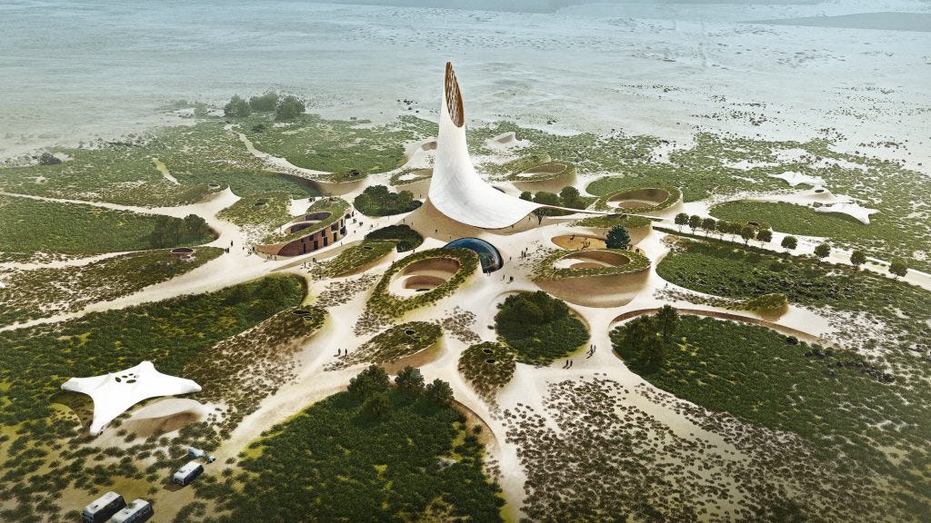 An aerial rendering of the original SEED proposal shows the long term vision of the team to create earth-bermed shelters, protected food forests and a central gathering space with natural ventilation.