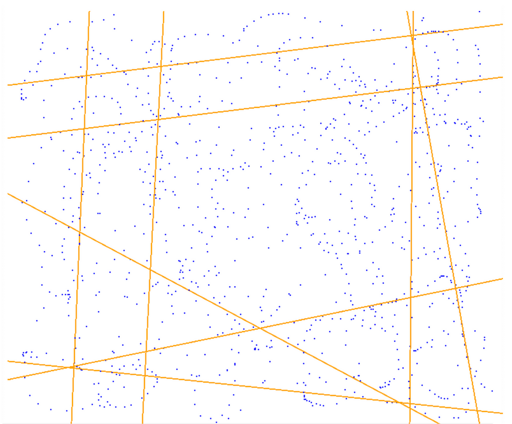 A white canvas with several blue dots and orange lines crossing some of the blue dots.