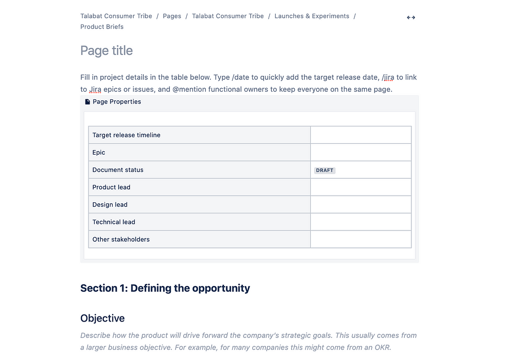 Our Product Brief template in Confluence