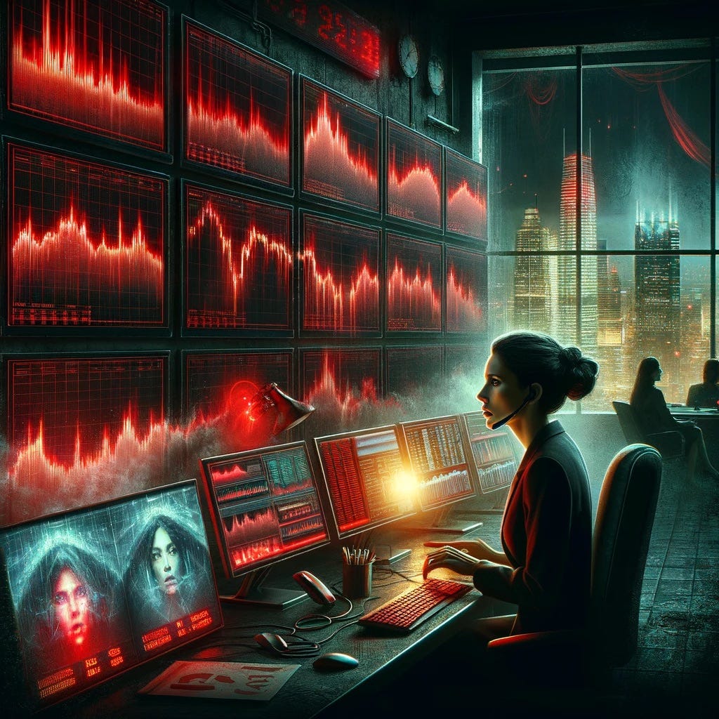 A dimly lit control center with multiple monitors showing red graphs and financial data plummeting. A woman with an expression of concentration stands before the screens, symbolizing Valeria. Screens bleed red losses in a metaphorical sense, and in the background, a public address system with a calm, digitized female voice visualized through sound waves emitting from speakers. On a separate scene within the same image, a man with a focused gaze, representing James, is typing furiously on a…