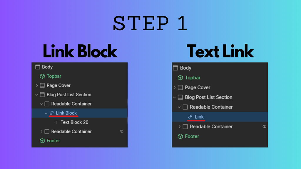 Selecting a Link Block and Text Link inside the Navigator