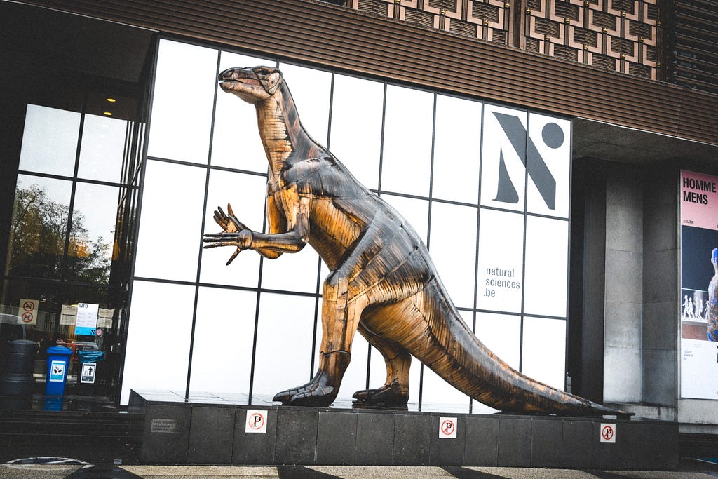 A large dinosaur sculpture in front of the Institute of Natural Sciences building, with the new logo ’N’ prominently displayed on the window, juxtaposing the institute’s historical exhibits with its contemporary branding.