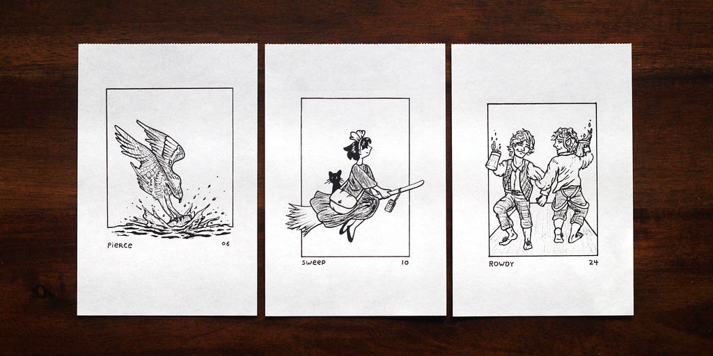 Three ink drawings side-by-side of a bird, a witch, and hobbits