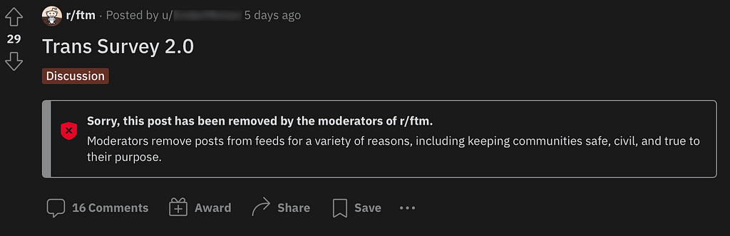 A Reddit post removed by the moderators of r/ftm.