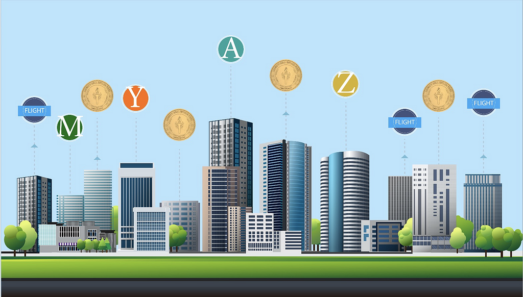 Commercial real estate buildings tokenized with security token symbols connected in the air above them.