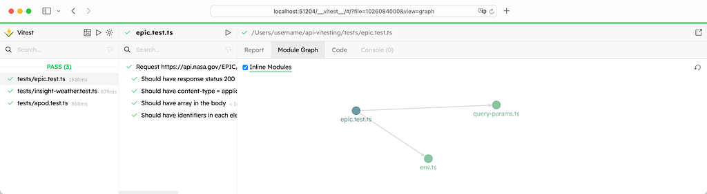 Vitest UI Module Graph tab allows visually discover the dependencies of the test