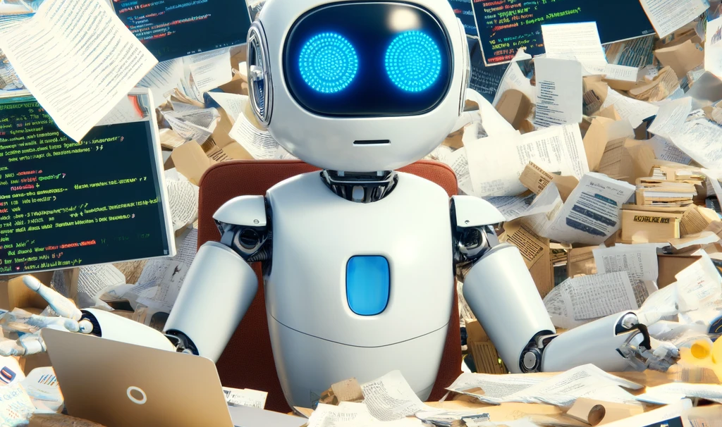 A white robot sitting at a desk surrounded by countless pieces of paper and code snippets surrounding him and littering his desk with a laptop on it.