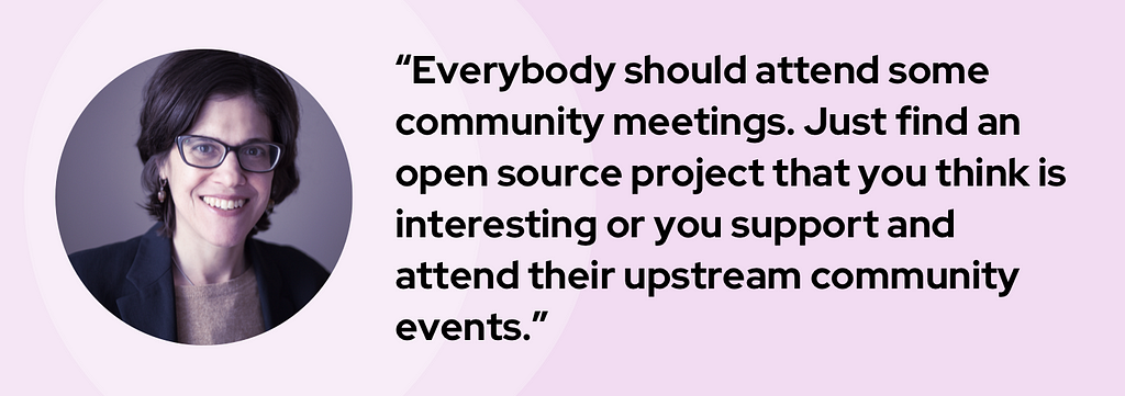 A banner graphic introduces Beau with her headshot and quote, “Everybody should attend some community meetings. Just to find an open source project that you think is interesting or you support and attend their upstream community events.”