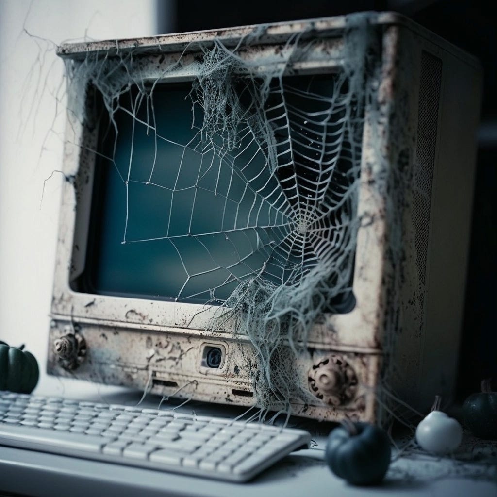 An photographic image (generated by Midjounrey) depicting a beige, boxy monitor from the 1990s covered in spiderwebs.