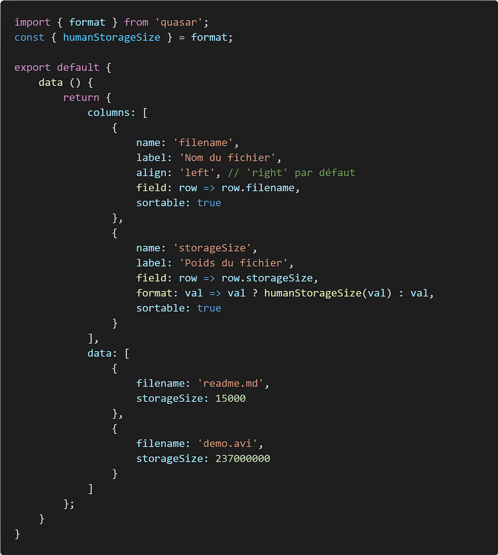 Code source javascript pour q-table