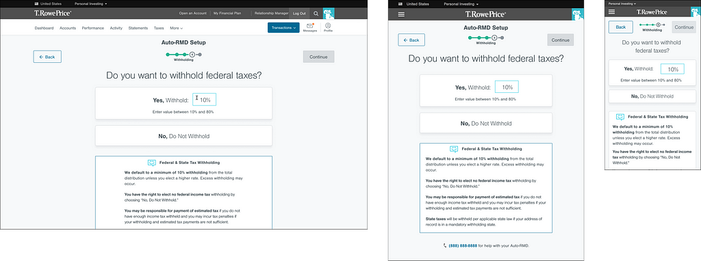 Screenshots of the fourth step of the Auto RMD experience, including desktop, tablet, and mobile experiences.