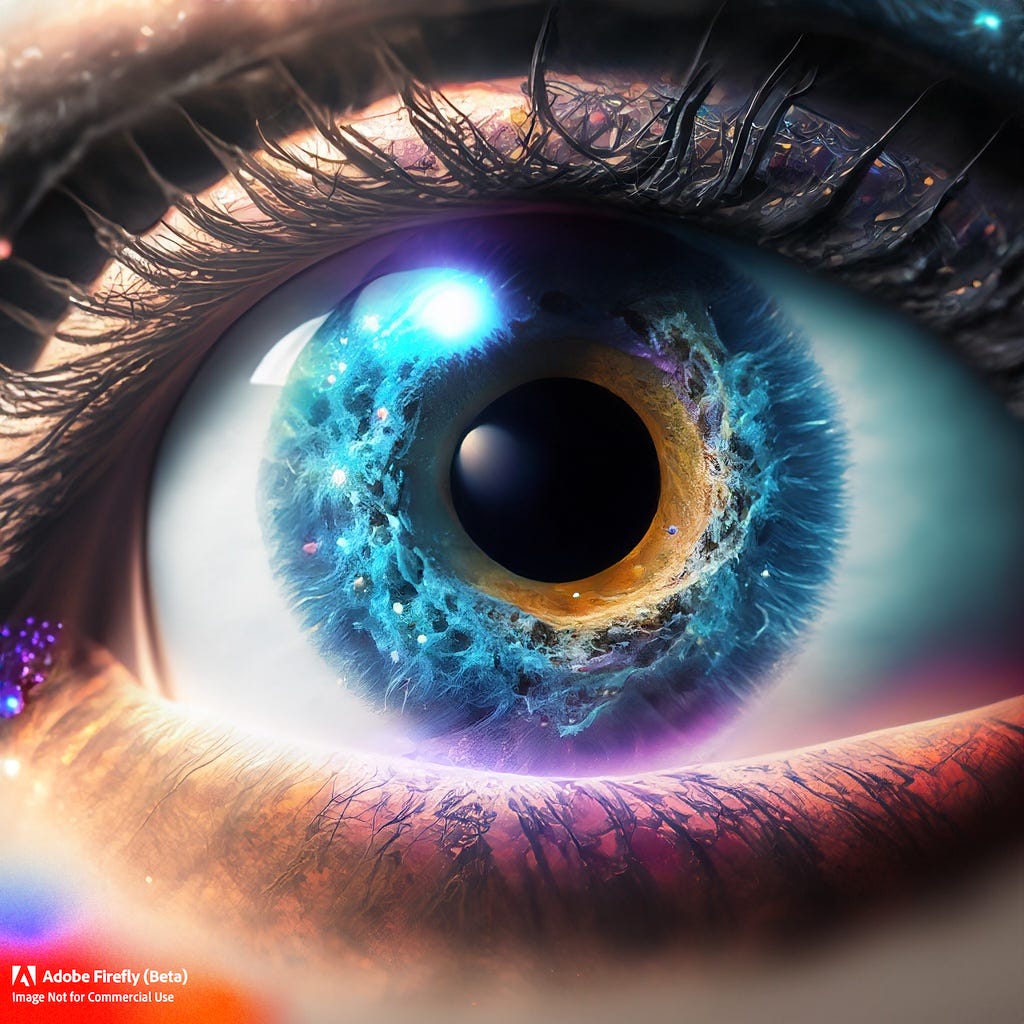Deep beautiful eye with a cosmic magical universe inside, image generated with AI