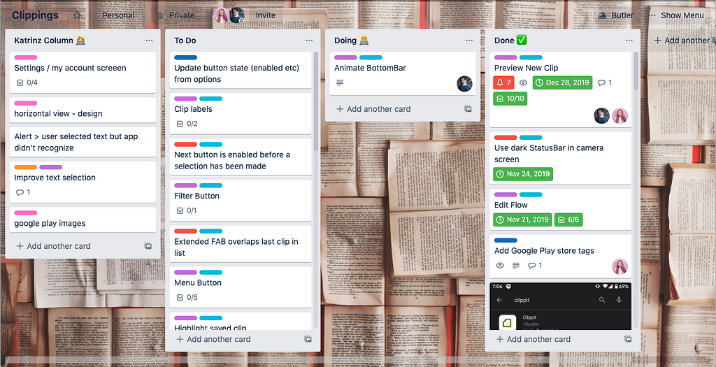 A Trello board showing cards in a workflow