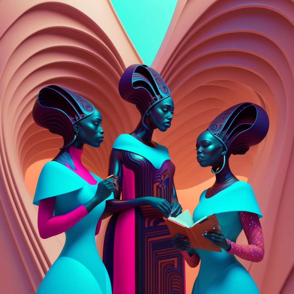 Three Black women wearing Egyptian-like blue and red crowns standing in front of a pale pink abstracted facade. One of the women is holding an orange book open while the other two look upon her. All three are where light blue dresses.