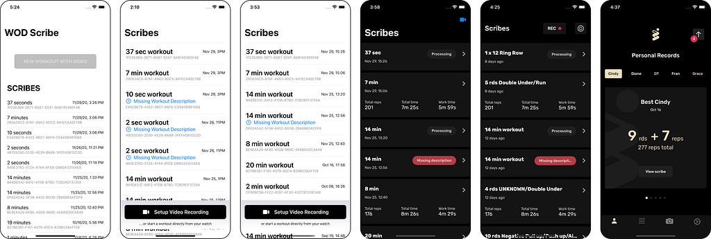 Evolution of the Wodscribe workout history view.