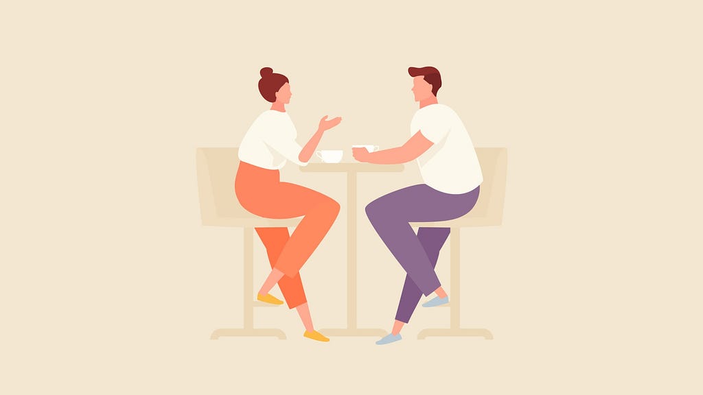 a cartoon of two people sitting and having coffee and talking to each other. it looks like one is giving the other some advice