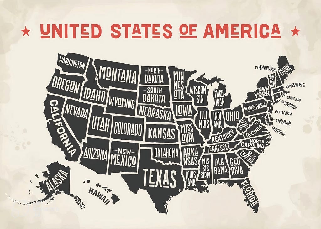 “United States of America” Map. Designed by townsofusa.store