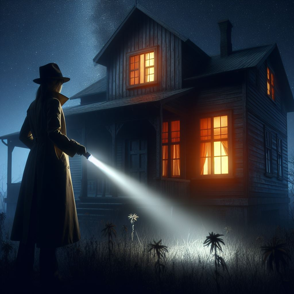 A partially boarded-up lonely house on a dark night. Some stars are in the sky. From one window of the house a soft orange glow radiates outward. A female detective is outside the house carrying a flashlight pointing at an angle to the ground. She is looking for clues