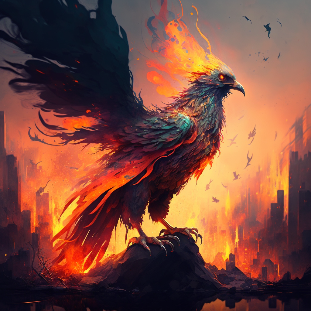 A phoenix, on fire, rising from the ashes of a destroyed city.