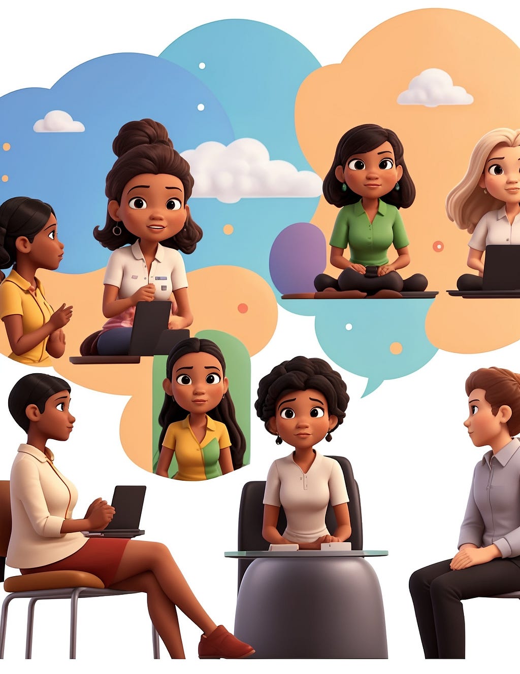 Generate an image depicting diverse avatars engaging in a virtual discussion within a community forum. Include speech bubbles to represent conversations about Salesforce Commerce Cloud topics.
