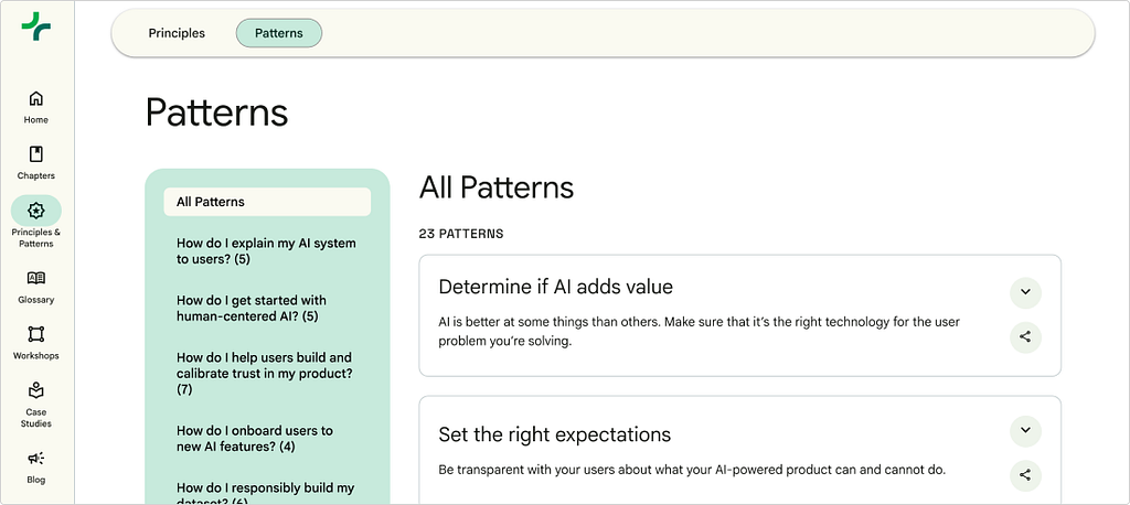 The Principles and Patterns section of the PAIR Guidebook, showing 23 patterns filtered by question, including “How do I explain my AI system to users?”, “How do I onboard users to new AI features?”, and “How do I help users build and calibrate trust in my product?” The first two visible patterns are “Determine if AI adds value” and “Set the right expectations.”