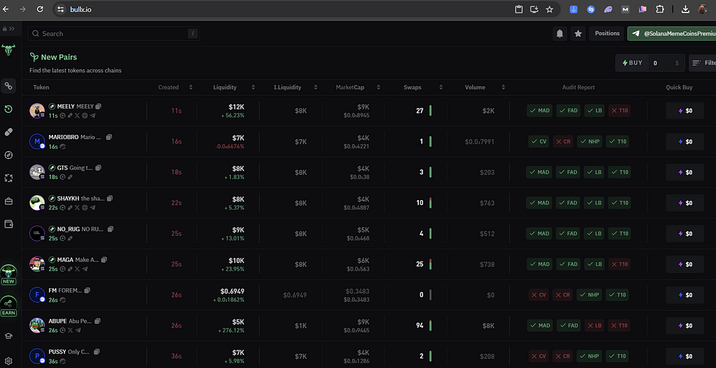 Bullx trading bot on solana for memecoins