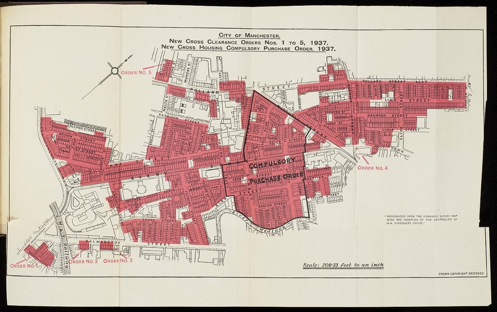 Map showing an area in Ancoats, with houses scheduled for demolition coloured red.