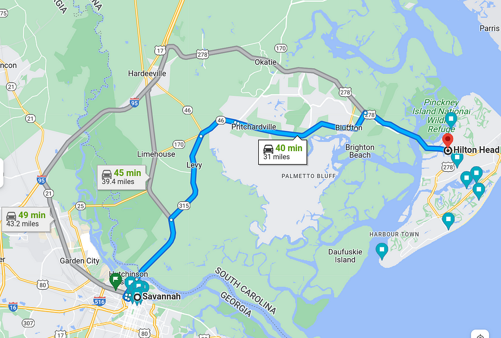 Google maps image of the driving route from Savannah, GA to Hilton Head, SC