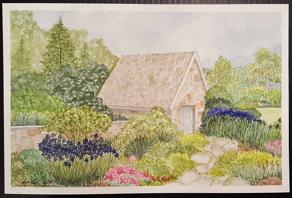 ink and watercolor illustration of cottage with flowers by Diana Ryman of Ravenna, Ohio