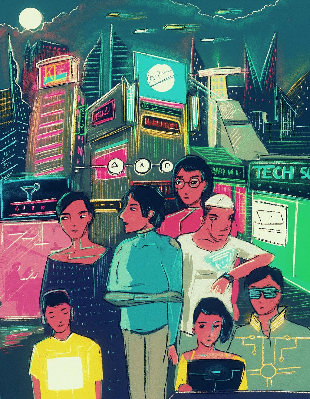 A number of people (each wearing a device or prosthetic) stand together against the background of a futuristic city.