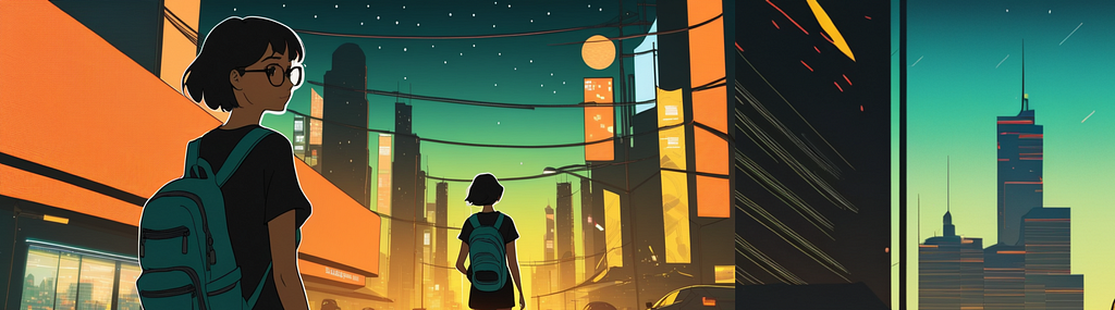 A illustration of two girls in futuristic night time, one looking at the camera and the other walking to the distance