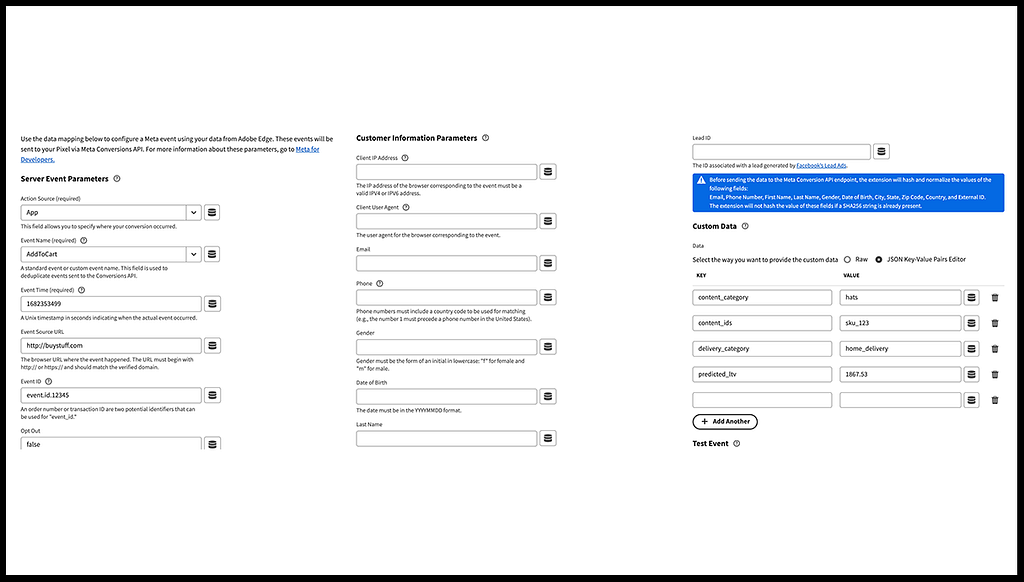 View of the Meta extension in Adobe Experience Platform Event Forwarding