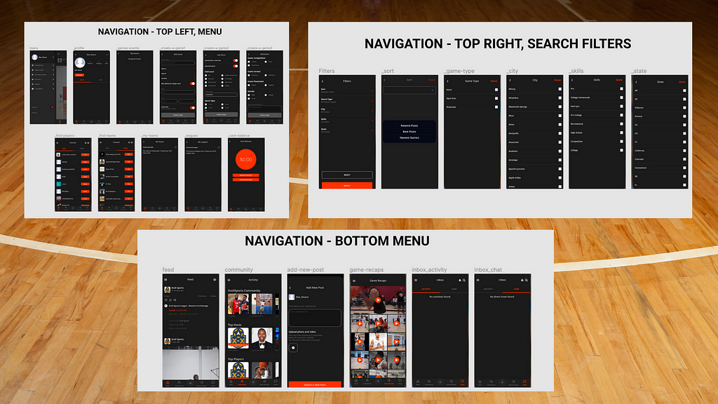 screenshots of XvsX Sports top menu, right menu, bottom menu navigation