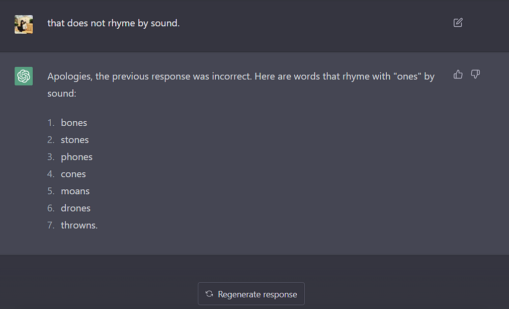 Figure 2- ChatGPT’s response to my feedback: “that does not rhyme by sound.”