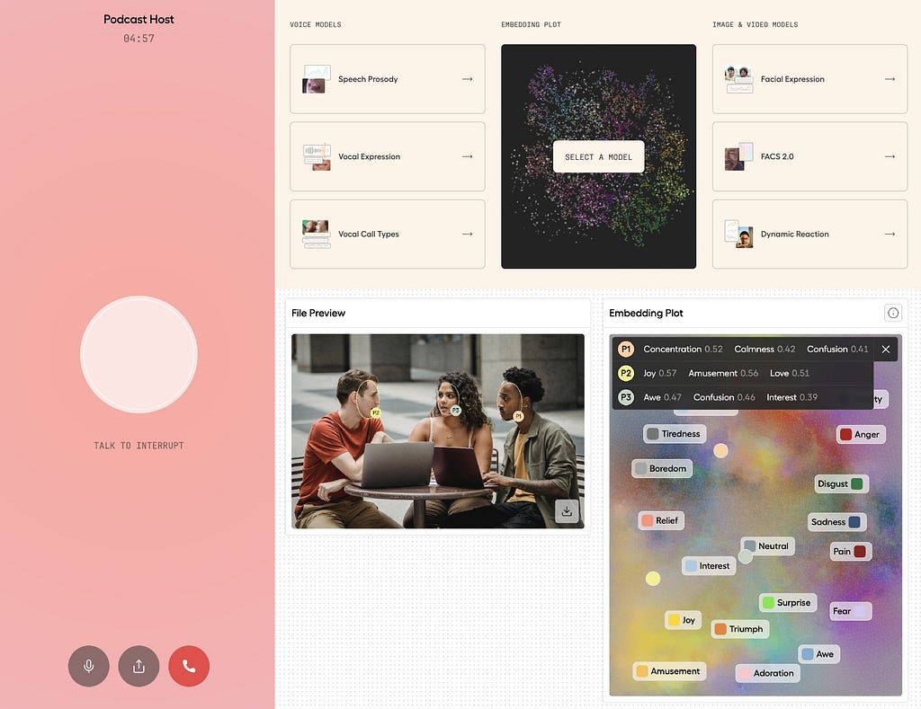 A screenshot of Hume AI, showing a podcast on the left and emotion and behavior analysis on the right, displaying three people with their emotions labeled as joy, awe, and curiosity based on the analysis.