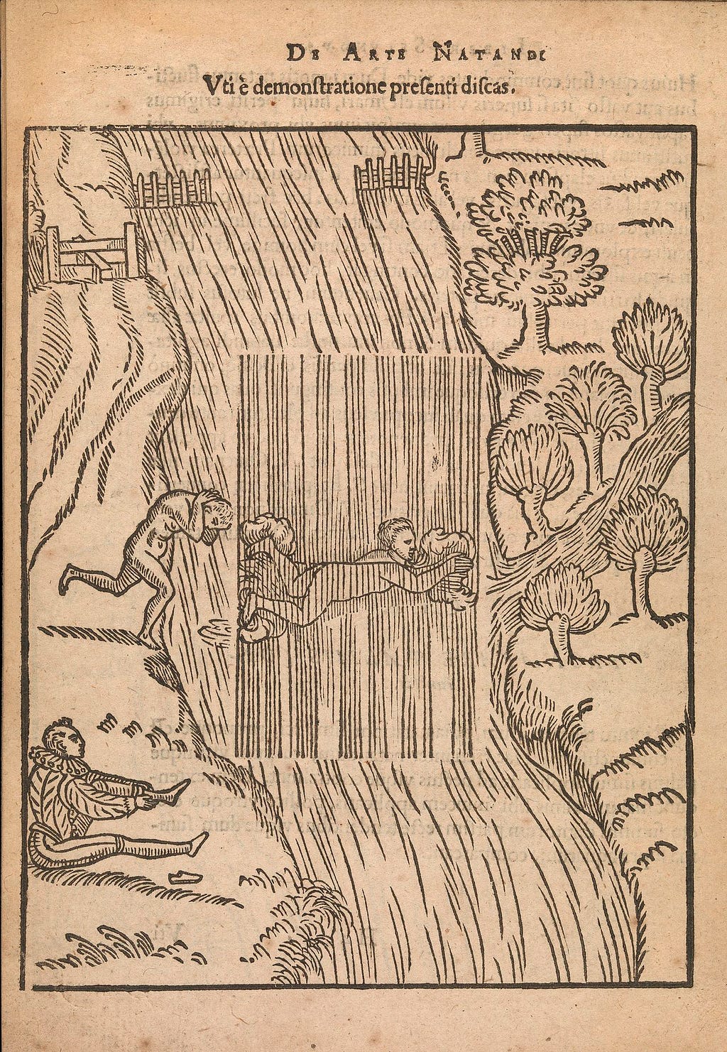 Woodcut depicting a man undressing and jumping into a river.