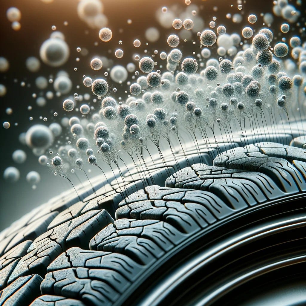 Close-up image of a tire showing tiny translucent air molecules escaping through its surface, set against a blurred background to emphasize the concept of air permeability in tires.