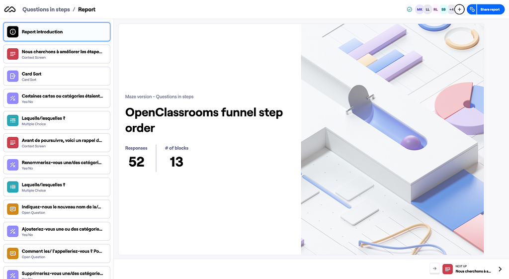 An example of OpenClassrooms user test report made by Maze.co