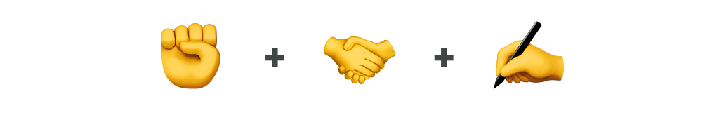 Três emoticons na cor amarela: uma mão em punho, mãos se cumprimentando e uma mão escrevendo com uma caneta.