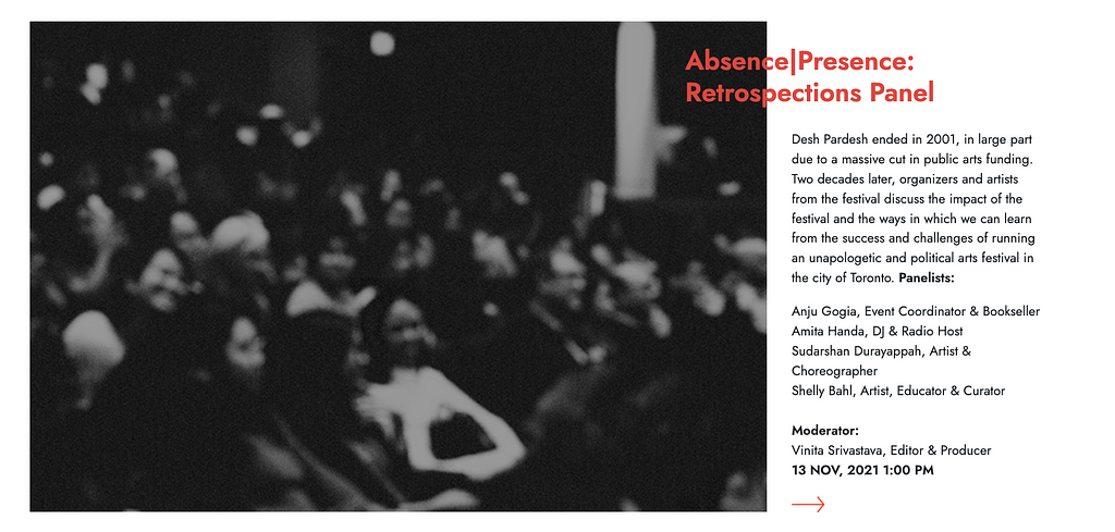 Screenshot of festival program visual and text about the Absence|Presence: Retrospections panel