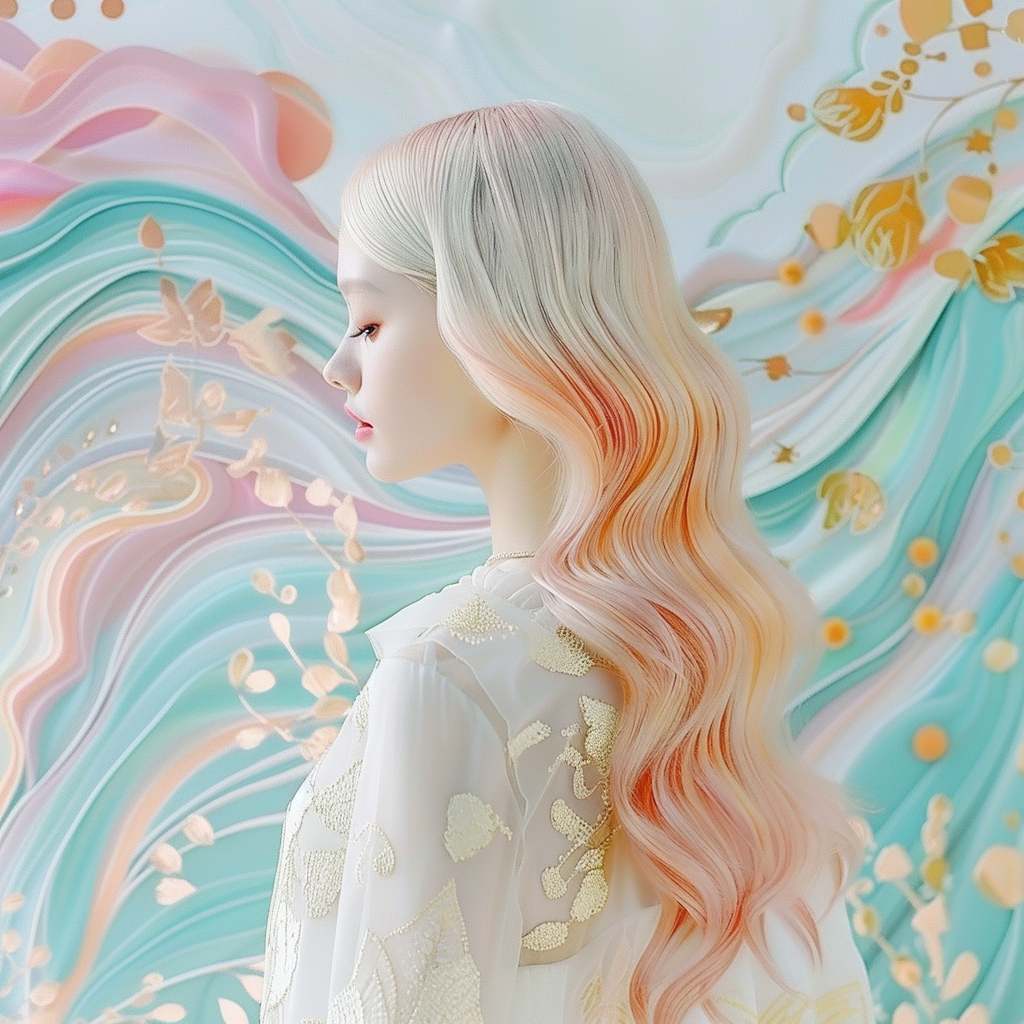 a beautiful fashion model with with pale skin and pastel hair color, long pink hair, wearing a royal white dress, convey an artisitc and elegance vibe — sref 2073139338 11111