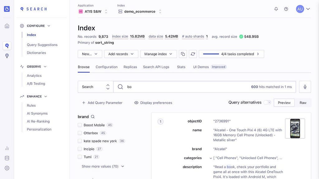 Algolia’s search index configuration UI