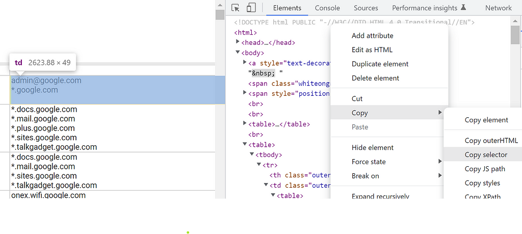 Screenshot of Google Chrome with dev tools console. Right-click a table cell in the Matching Identities column, select Copy, then select Copy Selector.